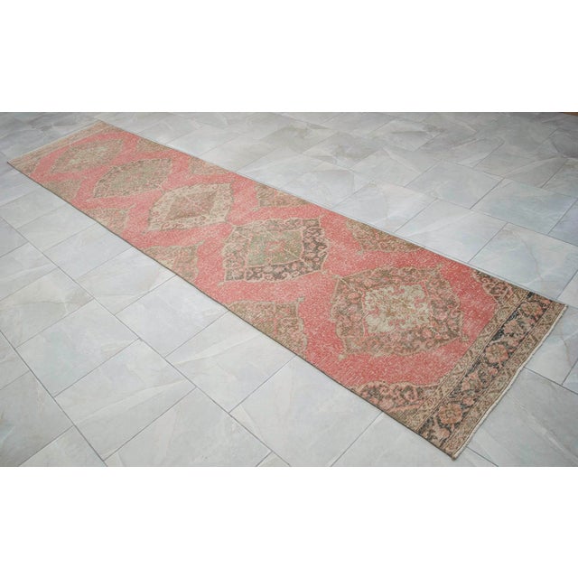 1970s Distressed Oushak Runner Rug Faded Colors Low Pile Pink Hallway Decor - 2'9″x 12'3″ For Sale - Image 5 of 13