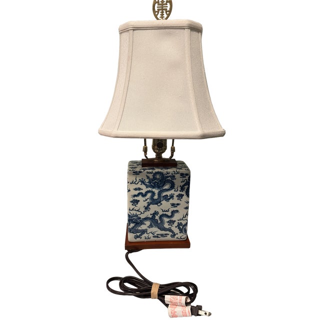 Elegant, blue-and-white, porcelain table lamp by Ralph Lauren. Rare, hard-to-find and discontinued dragon motif in the...