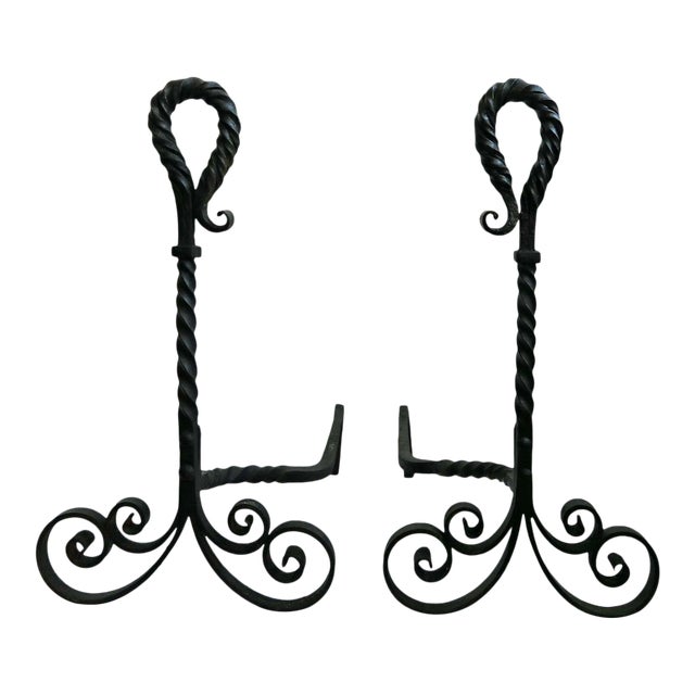 Antique Andirons - Hand-Wrought Iron - A Pair For Sale