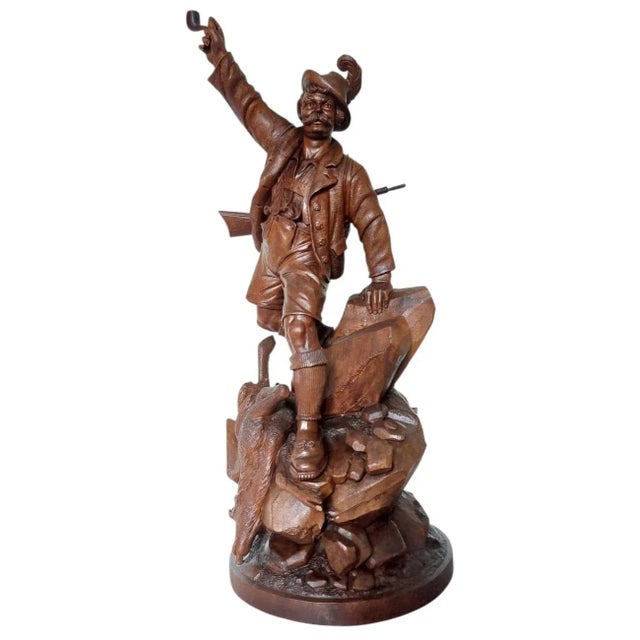 Late 19th Century Large Antique Hand-Carved Wooden Sculpture Tyrolean Hunter with Game, 1900 For Sale - Image 5 of 18
