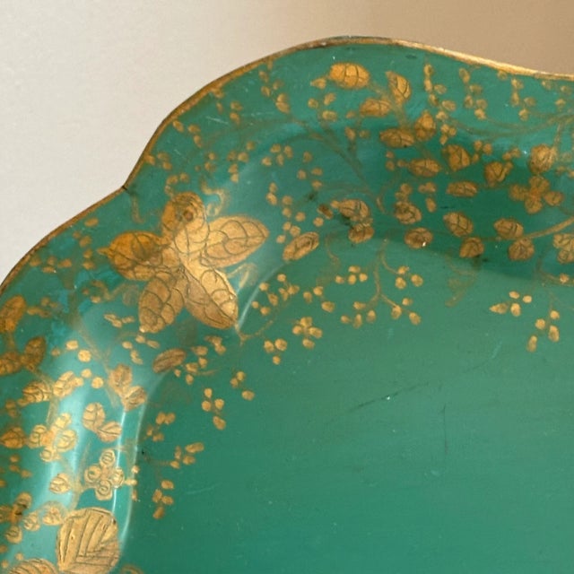 Metal Early-20th Century Hand-Painted Teal & Gold Tole Serving Tray For Sale - Image 7 of 17