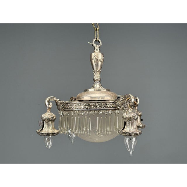 French Victorian, Chandelier, Etched Glass, Silver Plate, 19th Century A striking chandelier featuring a finely cast solid...