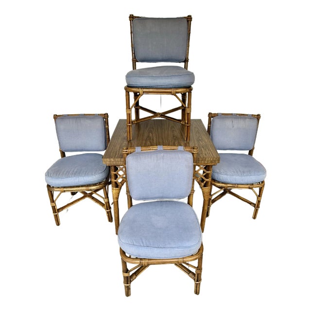 1970s Vintage Palm Beach Regency Bamboo & Rattan Dining Set - Set of 5 - Convertible Flip-Top Gaming Table For Sale