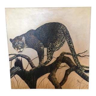 Mid-Century Leopard Oil Painting For Sale