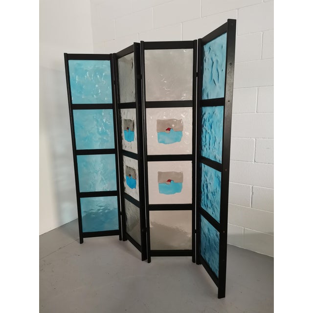 Metal 4-Sided Screen with Central Murrina Glass Panels from Mazzega, 1980 For Sale - Image 7 of 11