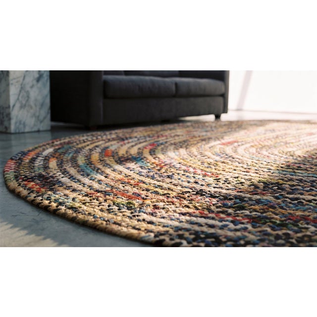1930s Soft Colorful Abstract Antique American Braided Rug 6'3" X 9' Cotton Wool Carpet For Sale - Image 9 of 9