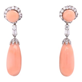 Vintage Angel Skin Coral and Diamond Convertible Drop Earrings, Pair For Sale