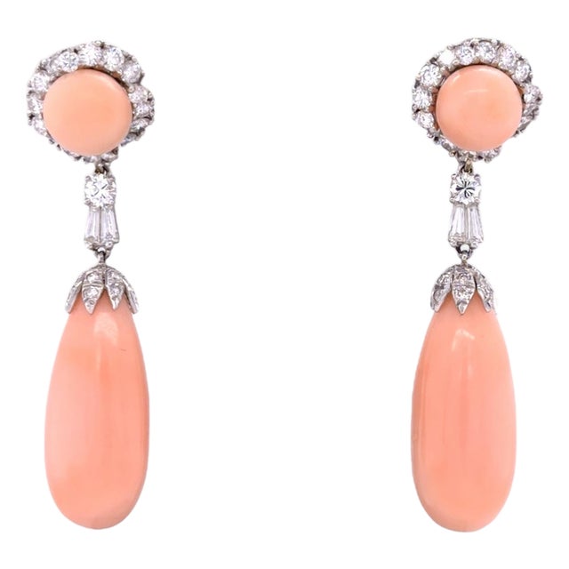 Vintage Angel Skin Coral and Diamond Convertible Drop Earrings, Pair For Sale