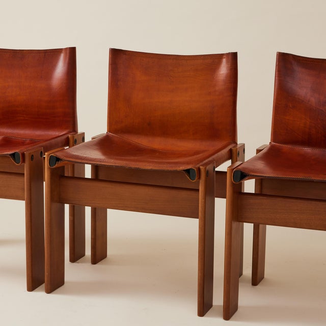 Animal Skin Afra & Tobia Scarpa Cognac Colored "Monk" Leather Dining Chairs for Molteni 1974 - Set of 6 For Sale - Image 7 of 15