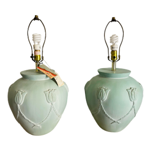 Vintage Pair 1986 Southwest Alsy Tulip Theme Celadon Table Lamps