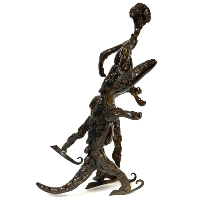 Metal Surrealist Bronze Sculpture of a Woman and Alligator on Skates For Sale - Image 7 of 18
