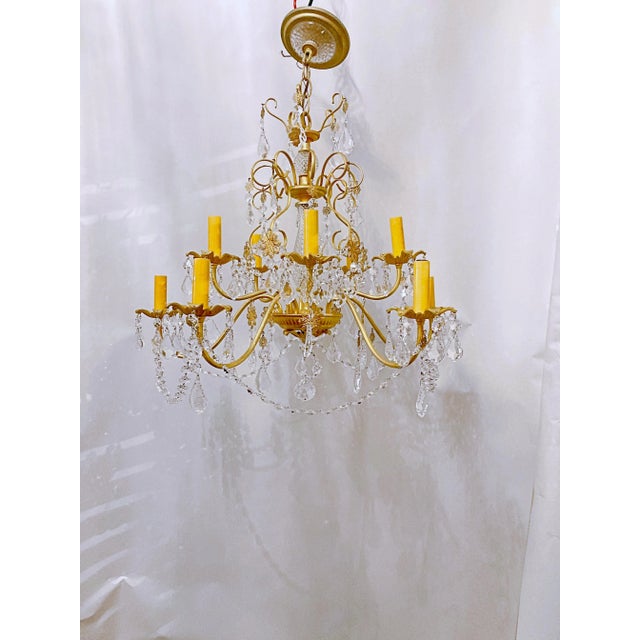 Decorative Brass Frame chandelier with octagon chain and 30% leaded French Pendalogue crystals. It has 10 arms that were...