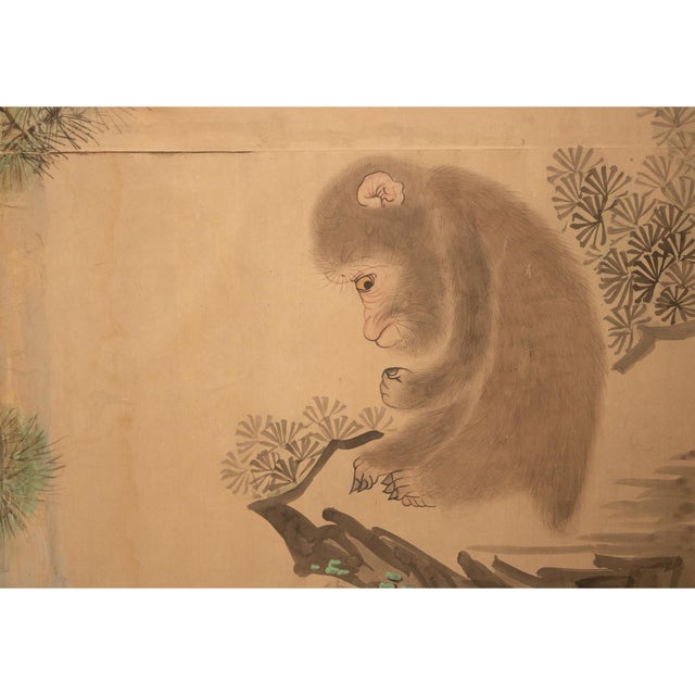 Tan XL Meiji Era After Mori Sosen "Ten Monkeys and Pine Tree", Antique Japanese Byobu Screen For Sale - Image 8 of 12
