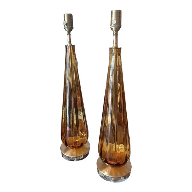 Vintage Pair of Handblown Amber Colored Glass Table Lamps For Sale