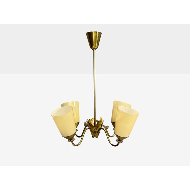 1950s 1950s Itsu Oy, Finnish Modern, Chandelier, Brass, Opal Glass For Sale - Image 5 of 13
