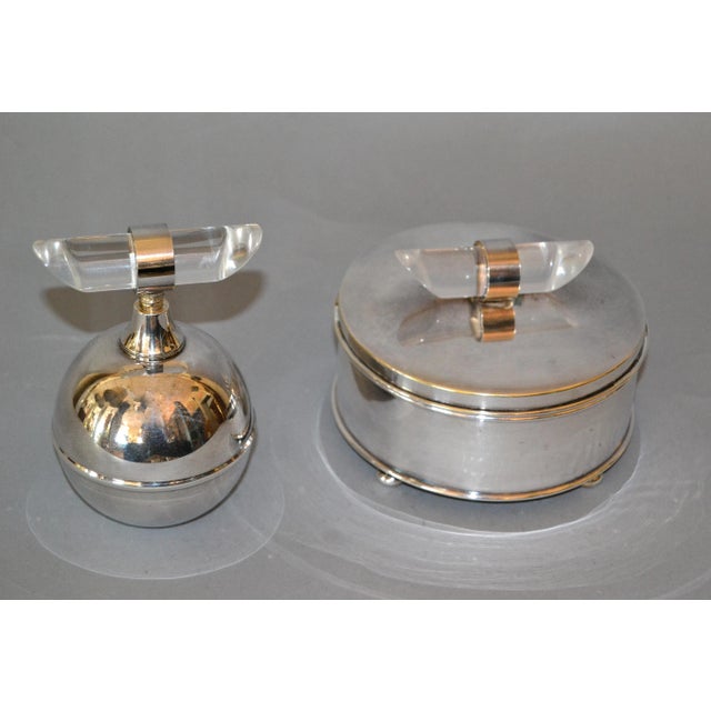 Mid-Century Modern Silver Plate & Lucite Perfume Bottle & Powder Box 2 Pc. Vanity Set For Sale - Image 12 of 13