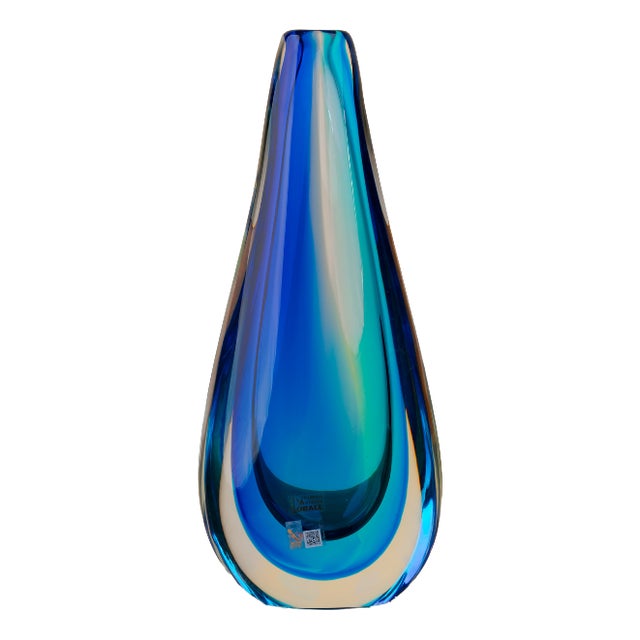 Large Sommerso Blown Glass Vase with Blue-Turquoise Gradient and Iridescent Effect by Murano, 1980s For Sale