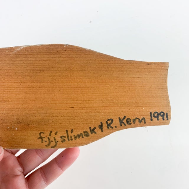 Wood Vintage FJJ Slimak Rose Kern Hand Heart Sculpture Folk Art 1991 Painted Wood For Sale - Image 7 of 7