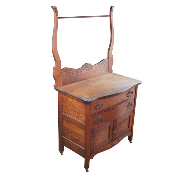 Victorian Antique Victorian Quartersawn Oak Chest Washstand Dry Sink W Towel Bar Rack For Sale - Image 3 of 12