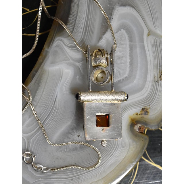 Metal Late 20th Century Artisan Sterling Silver Amber Pearl Pendant Necklace For Sale - Image 7 of 14