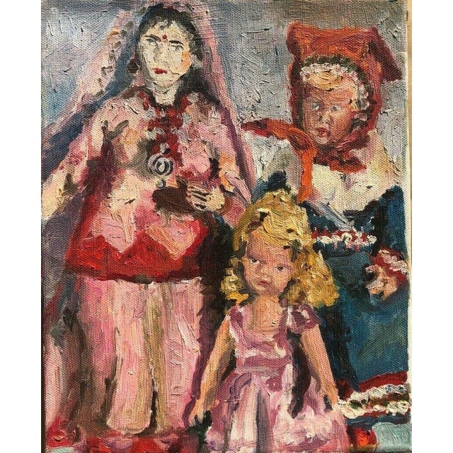A signed painting of a collection of dolls in traditional European folk costumes. Thick areas of paint in masterful...