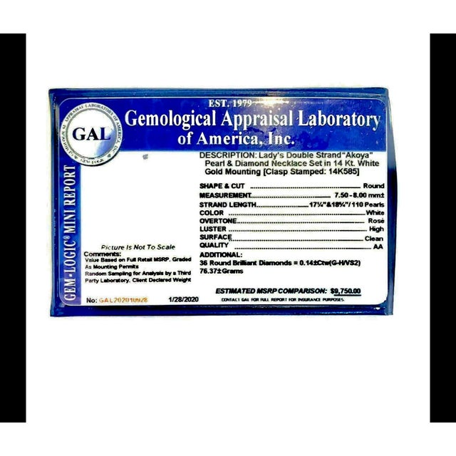 1990s Diamond Akoya Pearl Necklace 8 Mm 14k Gold 18 3/4" 2-Strand Certified For Sale - Image 12 of 15