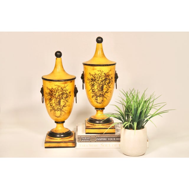 Italian Mid Century Italian Yellow Tole Urns - a Pair For Sale - Image 3 of 13