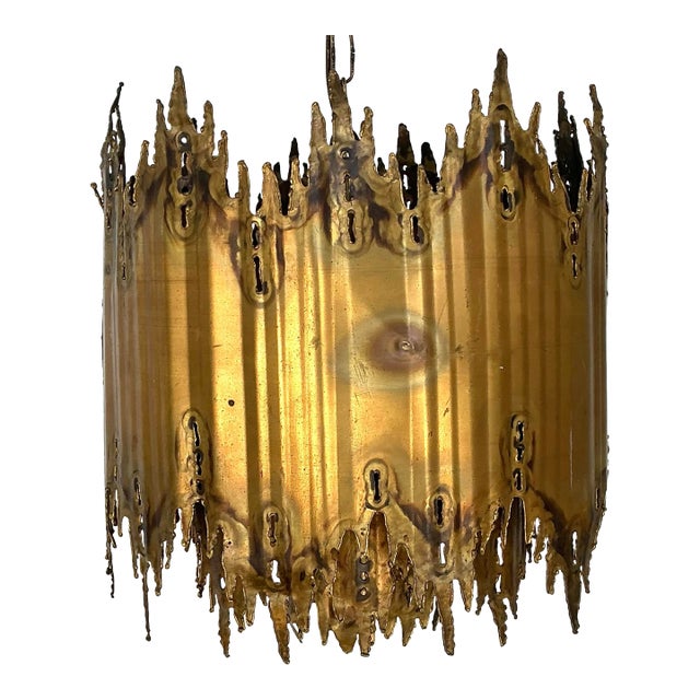 Vintage Tom Greene Brutalist Torch Cut Brass Chandelier For Sale