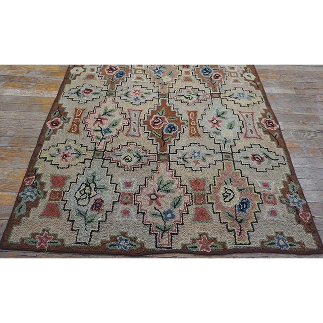 Beige Wonderful Beige Background With Geometric Shapes and Floral Design Antique American Hooked Rug For Sale - Image 8 of 11