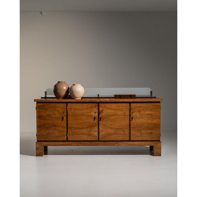 Wood 1930-1939 Germany Rich Walnut Brown Glass-Top Walnut Sideboard For Sale - Image 7 of 11