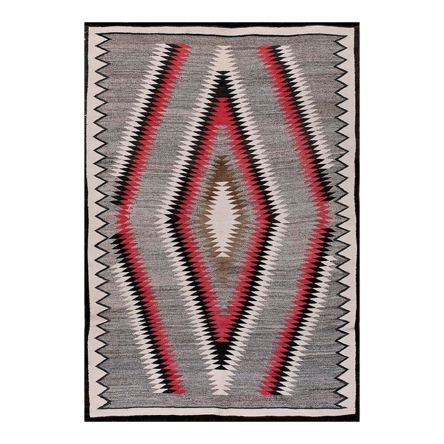 1930s Gray Tribal Geometric Diamond American Navajo Rug 4'6'' X 6'8'' Flatweave Wool Carpet For Sale