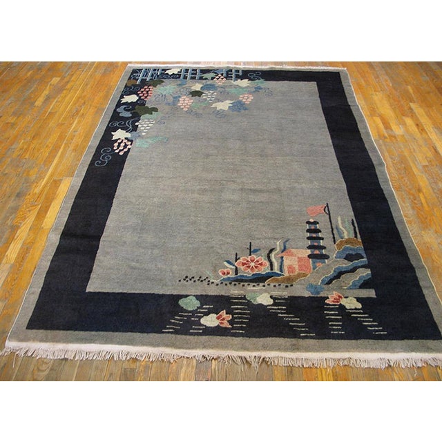 Antique Floral Wool Hand Knotted Pile Gray 1920s Rug, Circa Date: 1920s. This exceptional Chinese Art Deco carpet captures...