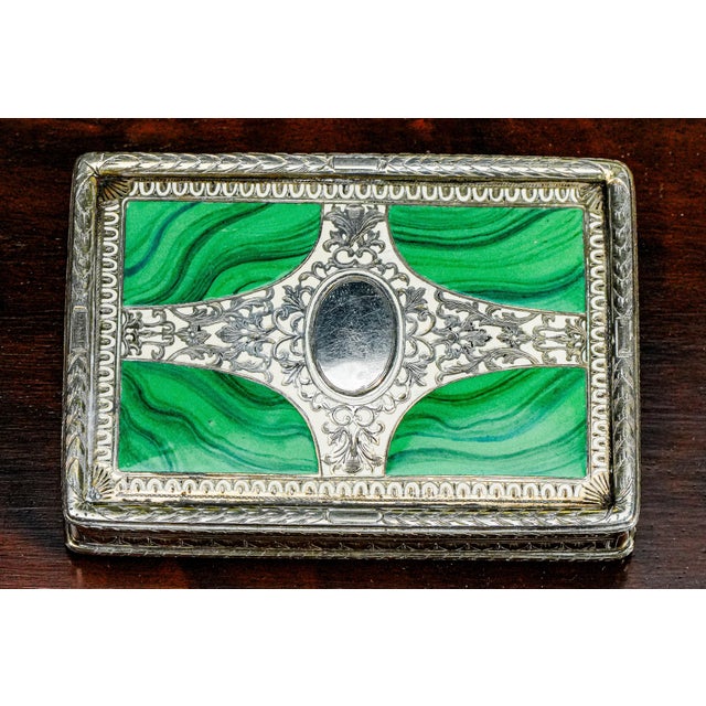 Traditional Stunning Ornate European Continental Sterling Silver Malachite Enamel Antique Snuff Box For Sale - Image 3 of 17