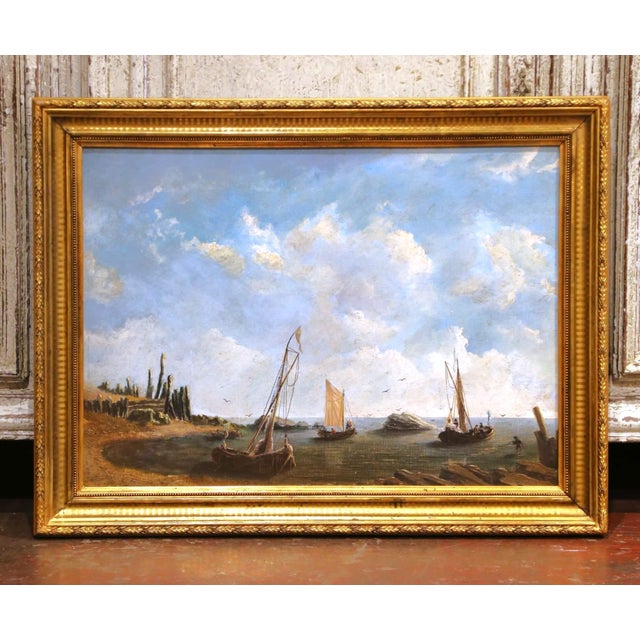 19th Century French Coastal Marine Oil Painting of Fishing Boats in Gilt Frame For Sale In Dallas - Image 6 of 11