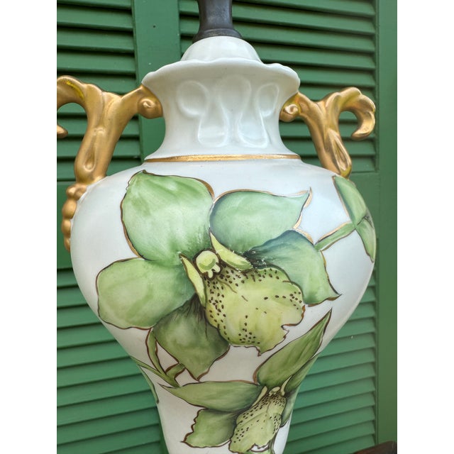 Green Vintage Palm Beach Regency Hand Painted Green Orchid Lamp For Sale - Image 8 of 12