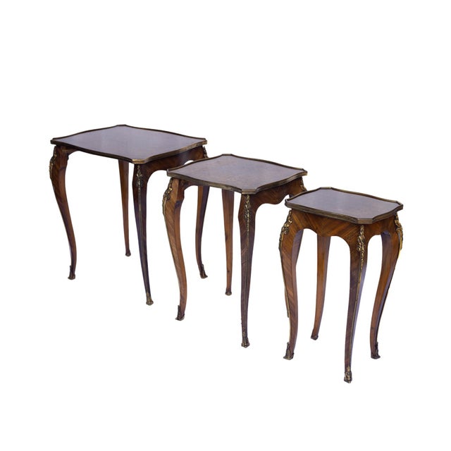 French Set Three Louis XV-Style Kingwood and Parquetry Nesting Tables, French, C. 1880 For Sale - Image 3 of 13