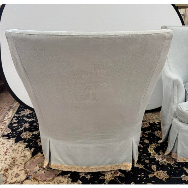 Pair of Custom Light Blue Linen Skirted Slipper Chairs For Sale In New York - Image 6 of 8