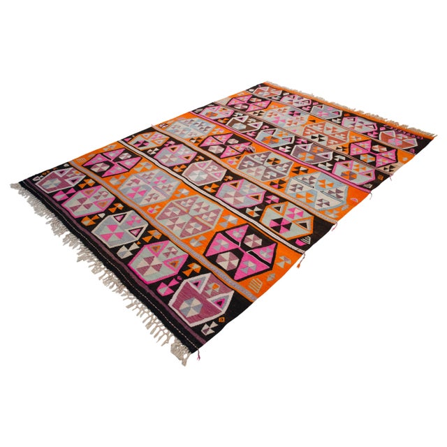 Hot Pink Vibrant Turkish Kilim Rug, 1966 Dated Vintage Tribal Rug, Pink and Orange Geometric Flatweave 6x8 Ft Approx For Sale - Image 8 of 18