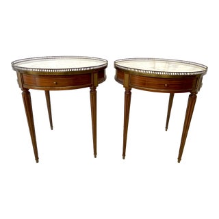 Vintage French Louis XVI Style Bouillotte Tables With Marble Tops and Brass Gallery- a Pair For Sale