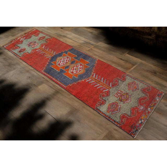 Mid-Century Modern 1960s Vintage Hand-Knotted Tribal Runner - 2′9″ × 9′9″ For Sale - Image 3 of 10