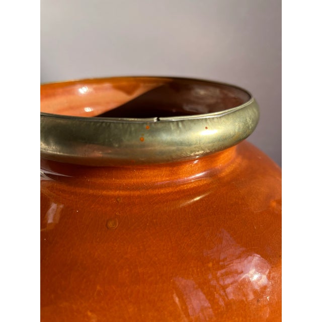 Orange Glazed Pottery Vase With Metal Trim For Sale - Image 8 of 8