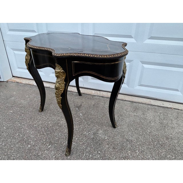 Wood French Napoleon III Violin Side Table With Brass Inlay Ebonized Wood W Drawer For Sale - Image 7 of 12