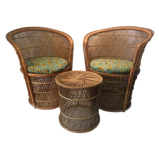 Mid-Century Modern Italian Style Set of Two Rattan Barrel/Club Chairs & Table- 3 Pieces For Sale