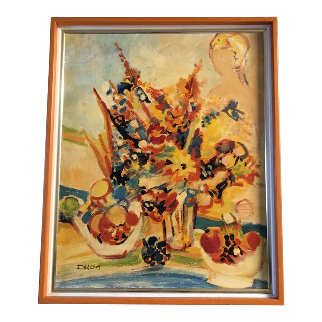 Original Vintage Modernist Still Life Interior With Figure Painting Signed For Sale