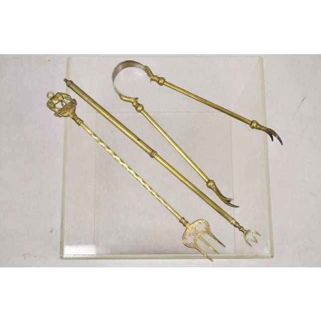 Antique English Sheraton Federal Figural Brass Fireplace Tool Set - 3 Piece Set For Sale - Image 11 of 11