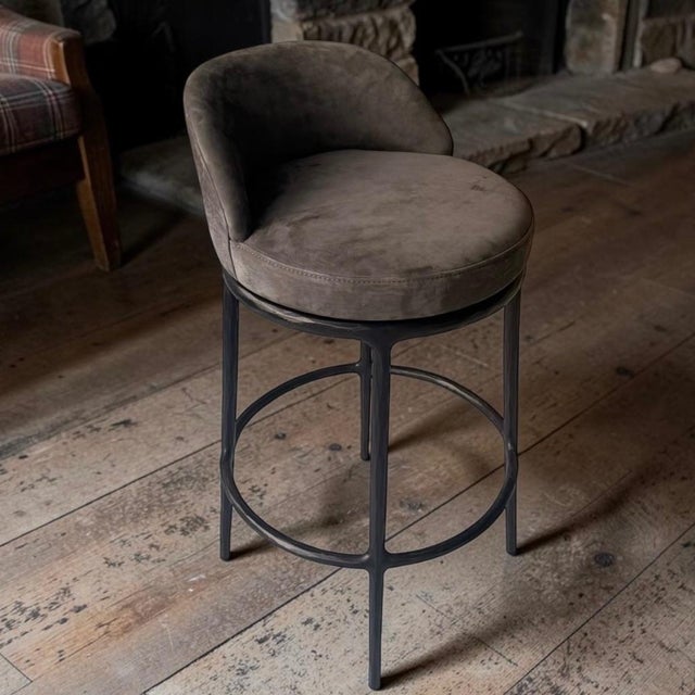 Rustic European 4 Restoration Hardware Rh Thaddeus Italian Truffle Veneto Leather Swivel Barstools For Sale - Image 3 of 9