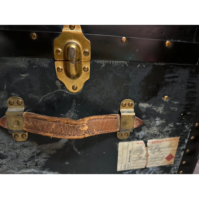 Brown Early 20th Century Antique Steamer Travel Trunk Brass Leather For Sale - Image 8 of 10