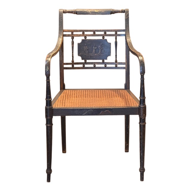 19th Century Regency Ebonized Armchair With Painted Back Panel For Sale