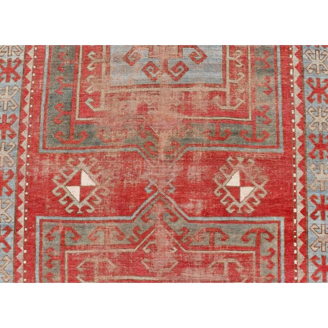 Early 20th Century Antique Kazak Caucasian Distressed Rug With Geometric Double Medallion Design For Sale - Image 4 of 12