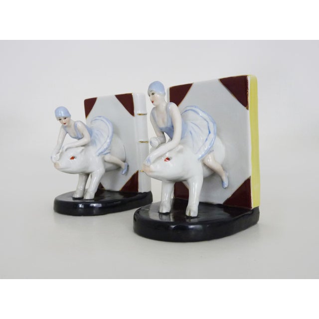 Italian Art Deco Bookends Woman on Ceramic Pig, 1930s For Sale - Image 3 of 11